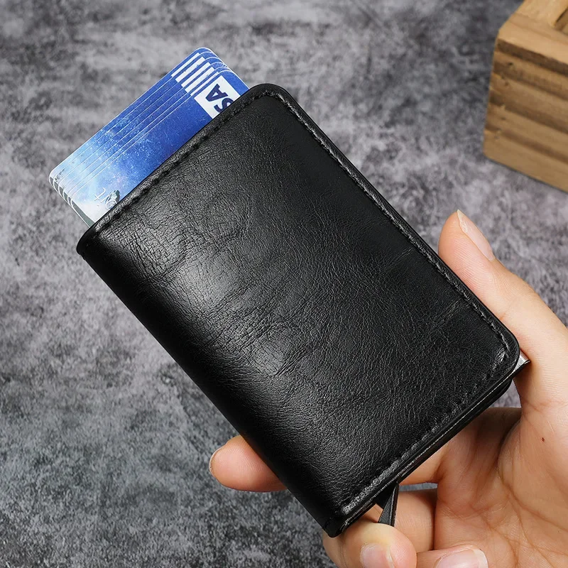 

Anti theft aluminum brush box card holder with carbon fiber pattern credit card box automatically pops up multi slot wallet