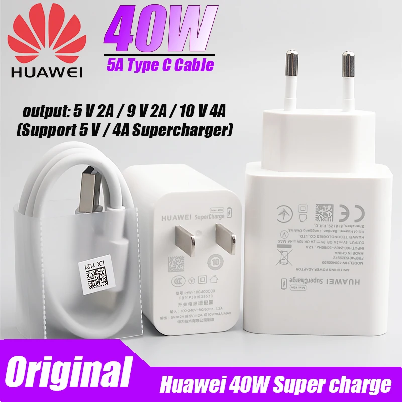 Chargeur Huawei 40W al 10V4A Supercharge EU Adaptateur 5A USB Type C Cable  pour Nova 5 6 7 Pro Mate 20 30 Pro P20 P40 P30 Pro