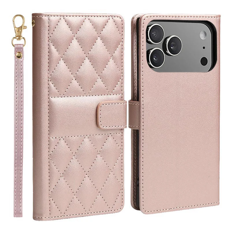 Checkered Leather Flip Wallet Phone Case with Card Slot and Stand