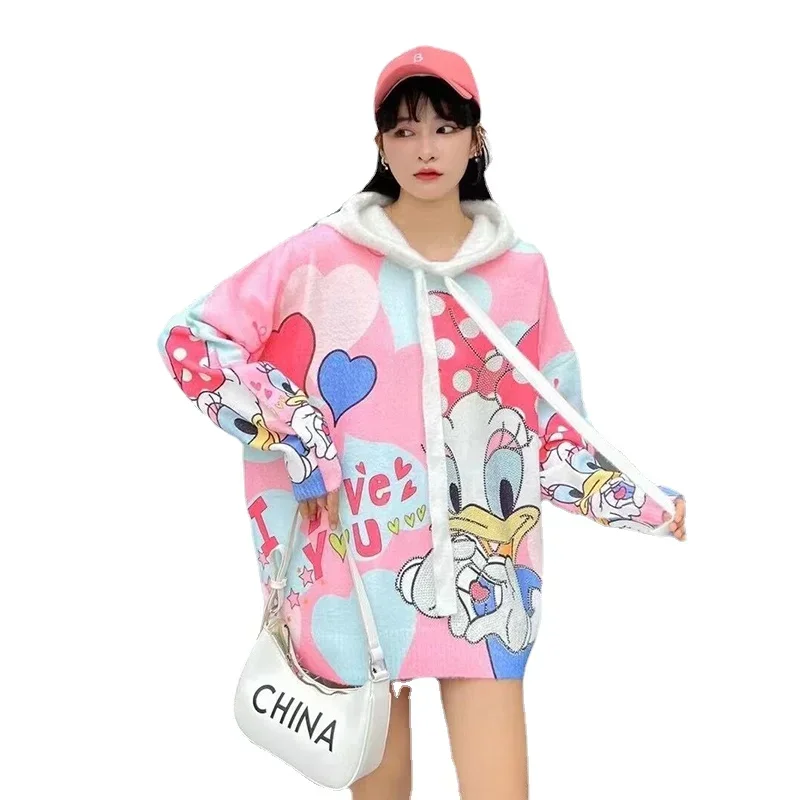 Heavy Embroidery Hot Drilling Cartoon Printed Soft Glutinous Sweater Female 2022 Autumn and Winter New Loose Casual Hooded Top