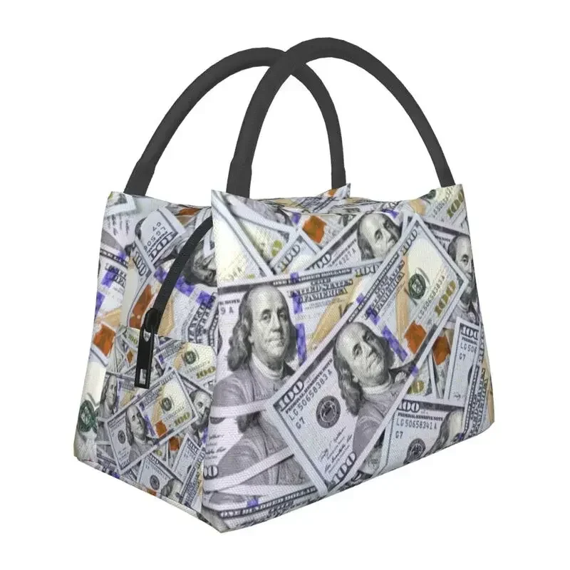 

One Hundred Dollar Bills Thermal Insulated Lunch Bags Money Portable Lunch Tote for Outdoor Picnic Multifunction Meal Food Box