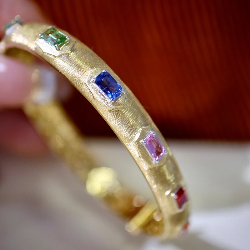 Aazuo 18K Yellow Gold Natrual Clour Sapphires Palace court Styp Buchirati Bangle For Woman Upscale Trendy Engagement Party