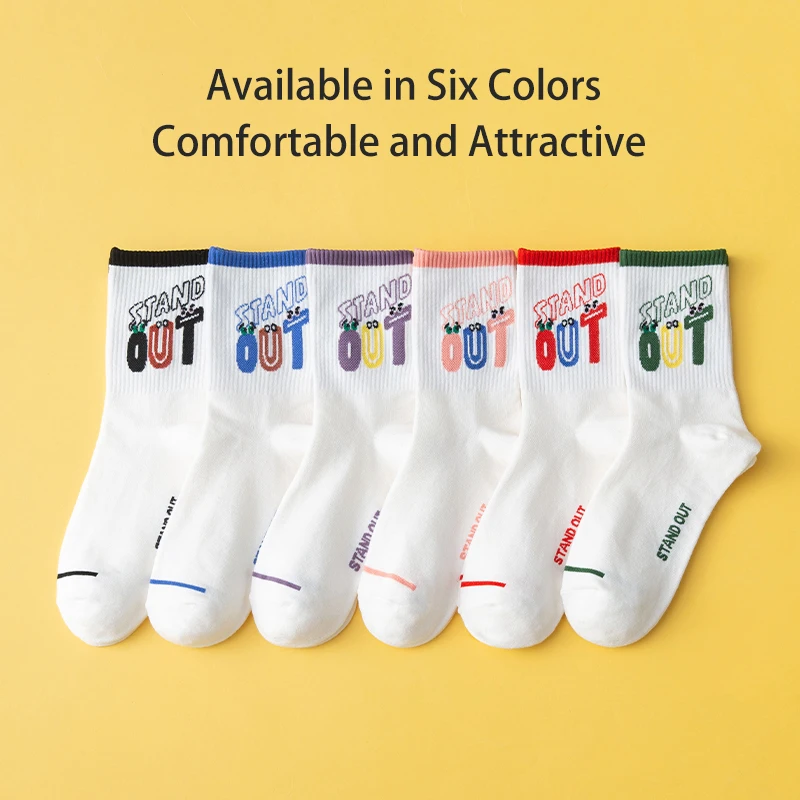 6 Pairs of Women's Spring and Autumn Letter Slogans Fashionable and Versatile College Style Summer Breathable Mid Length Socks 2