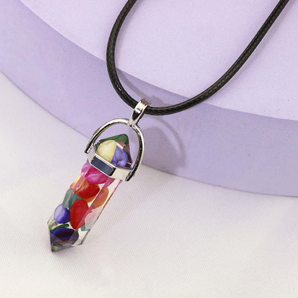 Resin Hexagonal Column Chakra Pendants  Healing Crystal Necklaces Men Women Jewellry