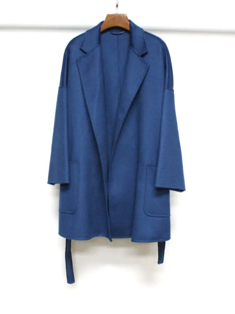 

Women Lace-Up Fashion Short Double-Sided Tweed Jacket Autumn Winter 2023 New Long Sleeve V-Neck Temperament Solid Color Coat
