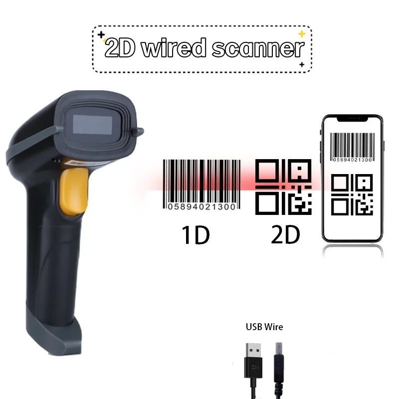 YuNew 2D Wired scanner Scanner Plug and Play High-speed Read 1D2D Qr code on Paper Product or screen for Inventory Library