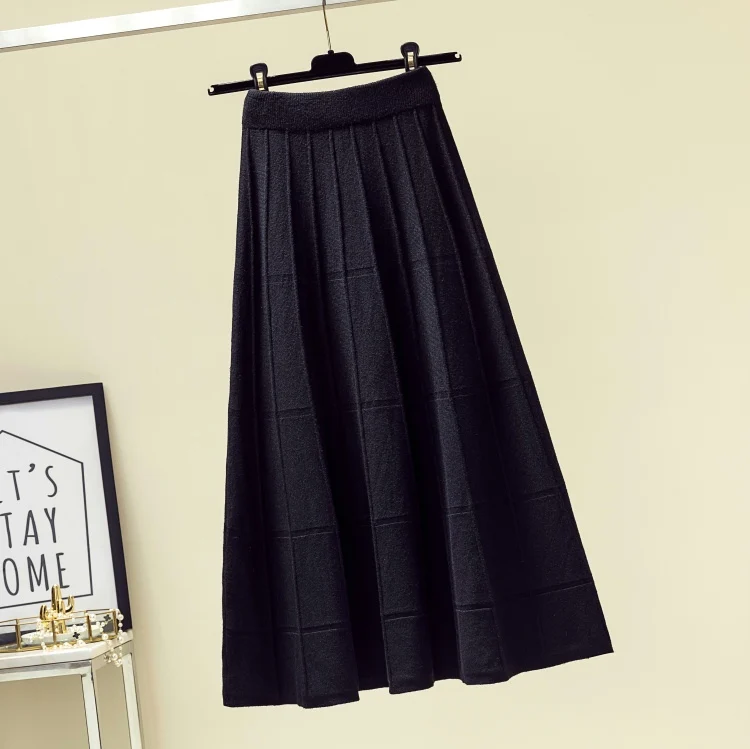 Vintage Pleated Skirt Women Knit High Waist A-Line Soft Casual Elegant Fall Winter Korean Fashion Lady Long Skirts Faldas Largas black midi skirt