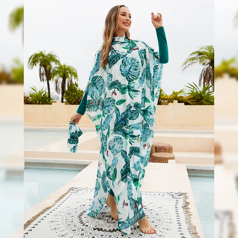 New Burkini Muslim women's swimsuit green leaf print full cover diving surf swimsuit four-piece beach sun protection swimsuit