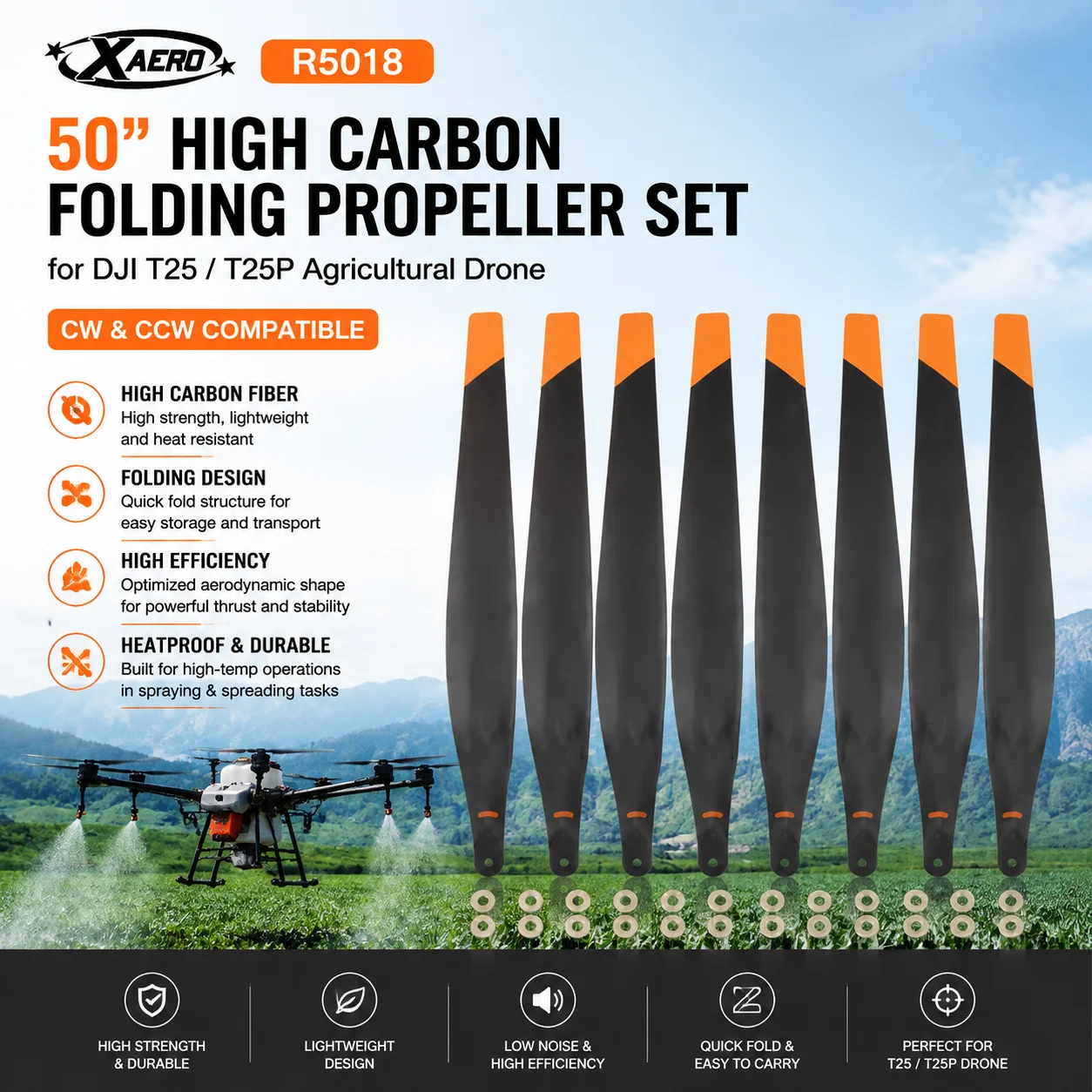 XAERO R5018 50 Zoll Hochkarbon-Faltpropellerset für DJI T25 T25P, hitzebeständige Sprüh- und Streuklingen CW CCW