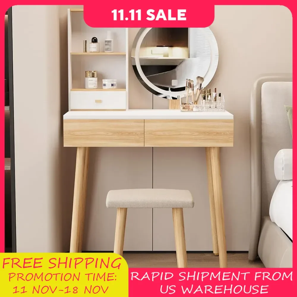 Makeup Vanity Desk with Lights, Small Vanity with Adjustable Brightness Mirror, Desk Drawers and Storage Shelves
