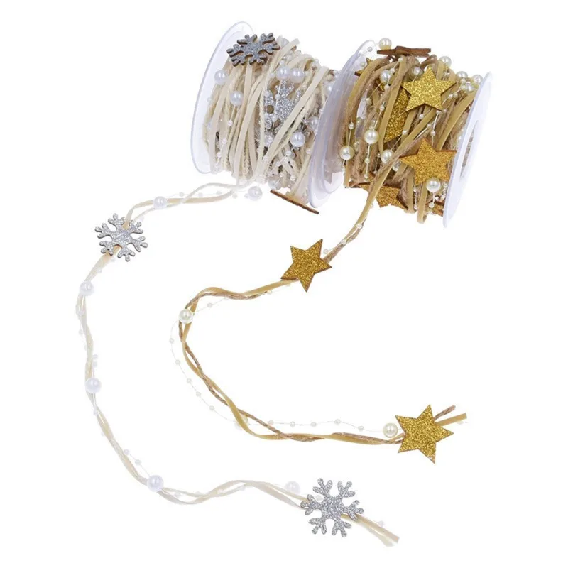 Christmas Decorative Ribbon Set Star Pearl Garland Twine Holiday Tree Gift Wrapping DIY Crafts Supplies for Party Holiday Decor
