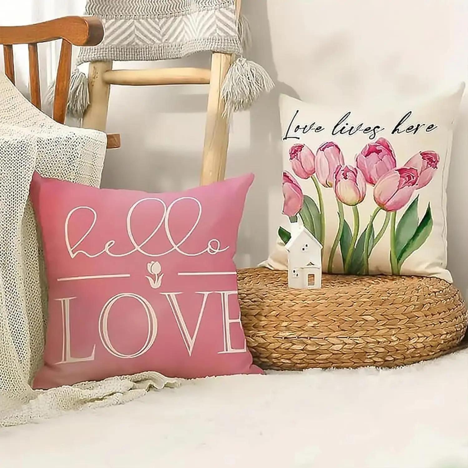 

4Pcs Cushion Cover DIY Valentine's Day Tulip Pattern Throw Pillowcase for Sofa Living Room Bedroom 45x45 Reversible Pillow Case