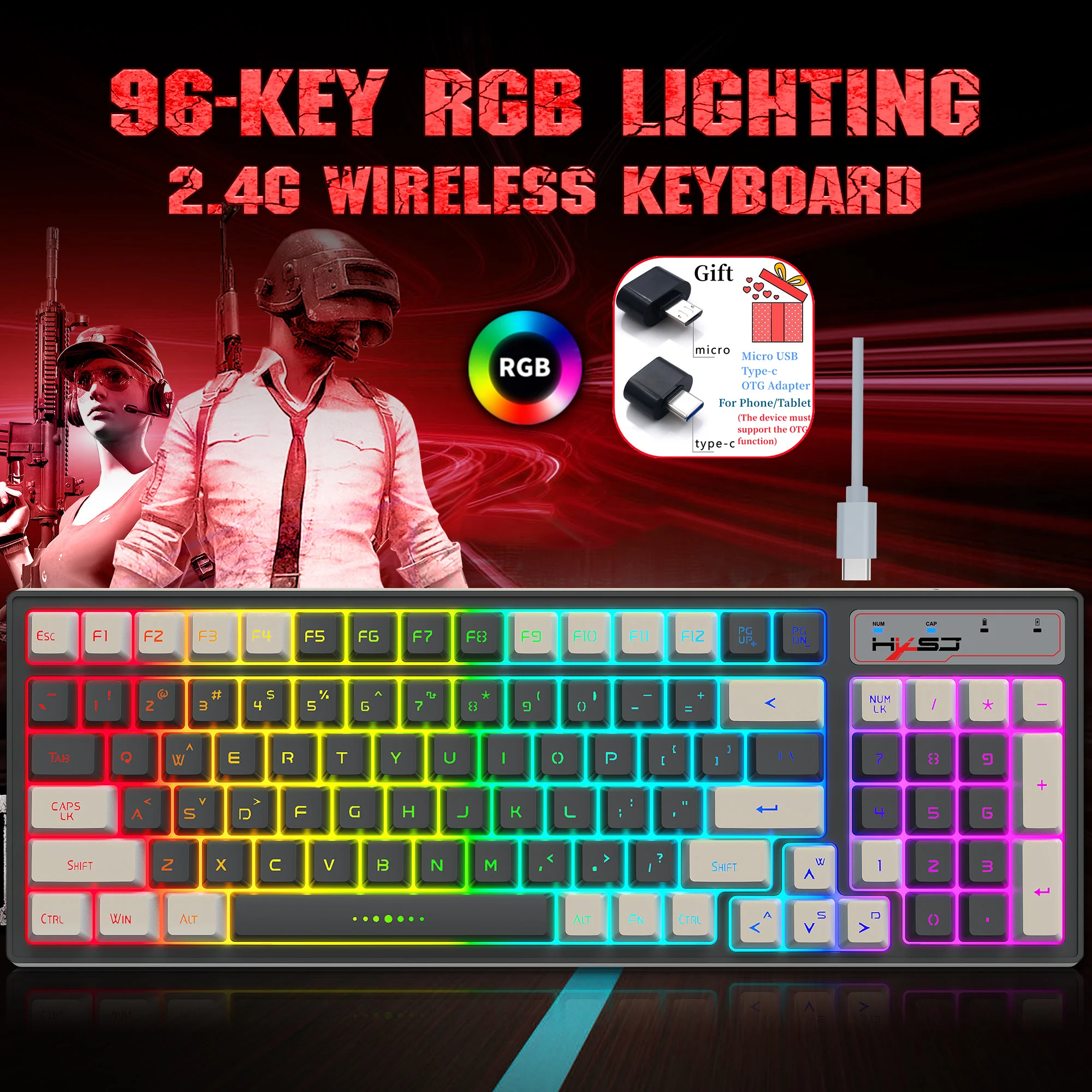 Teclado inalámbrico de 96 teclas, retroiluminación RGB, recargable, 2,4G, USB, para juegos, Windows, PC, ordenador portátil