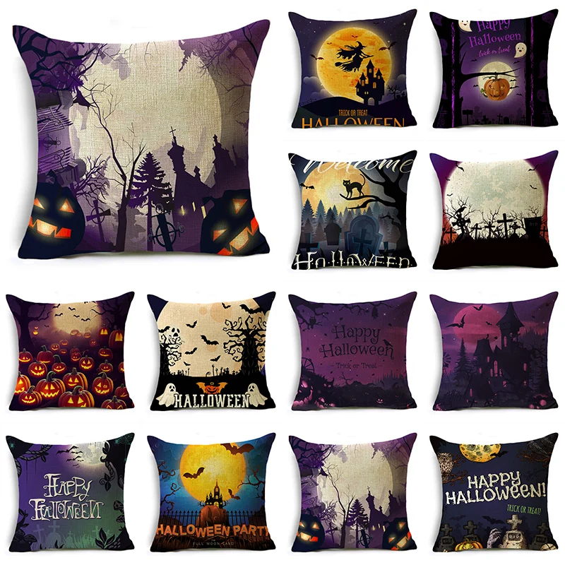 

Ins Popular Purple Halloween Night Graveyard Pumpkins Linen Throw Pillowcase Decorative Cushion Cover For Sofa Livingroom Party