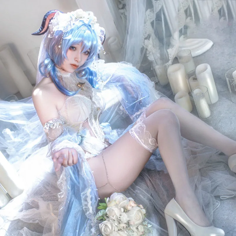

Ganyu Sexy Wedding Dress Costume Cosplay Game Genshin Impact White Flower Costume Full Set
