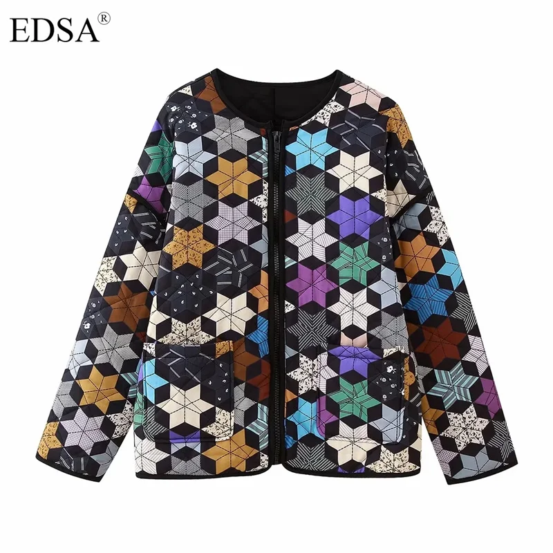 

EDSA Women Fashion Printed Cotton Padded Jacket Coat O-Neck Zipper Colorful Star Autumn Winter Long Sleeves Loose Outerwear