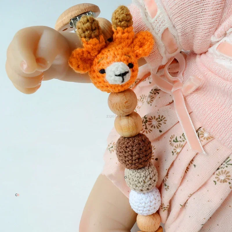 Pacifier Chain Cartoon Bunny Pacifier Chain Clip Wood Crochet Bear Teething Chain Baby Teether Soother Holder Newborn Chew Toys Pacifier Clips