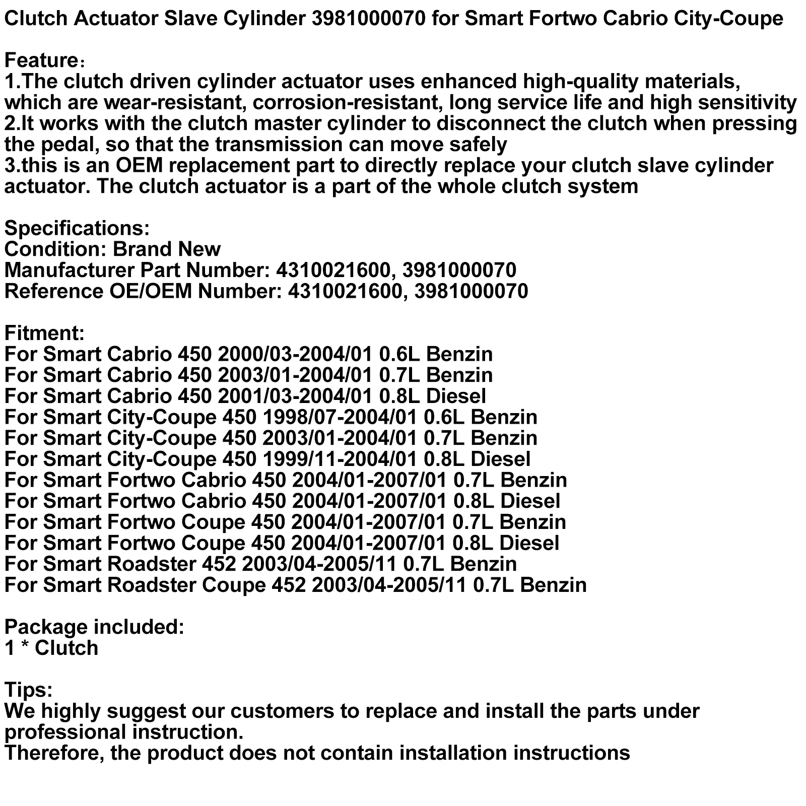 Artudatech Kupplungs antrieb Nehmer zylinder 3981000070 für Smart Fortwo Cabrio City-Coupé Autozubehör – Detail 9