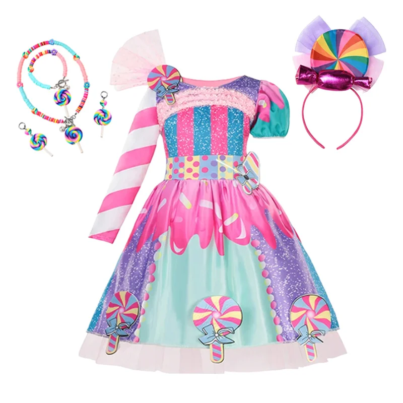 thumbnail image 1 of Disfraz de arcoíris con estampado de piruleta para niños, vestidos de princesa con diadema, ropa de fiesta de cumpleaños y Navidad, 2-10 años, 1 of 5