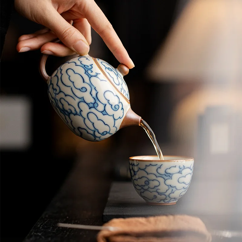 Chinese Style Retro Ceramic Auspicious cloud pattern Kiln Teapot Creative Porcelain Kung Fu Household Indoor Supplies 180ml, 1Pc