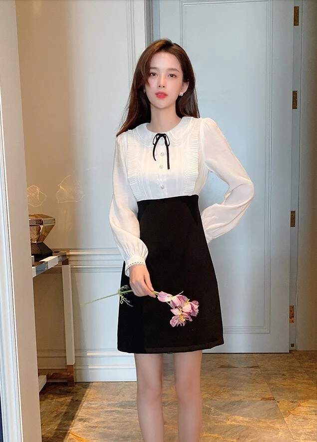 

Winter and 2023 New Autumn Women's Embroidered Collar Stitching Fake Two-Piece Dress 1006