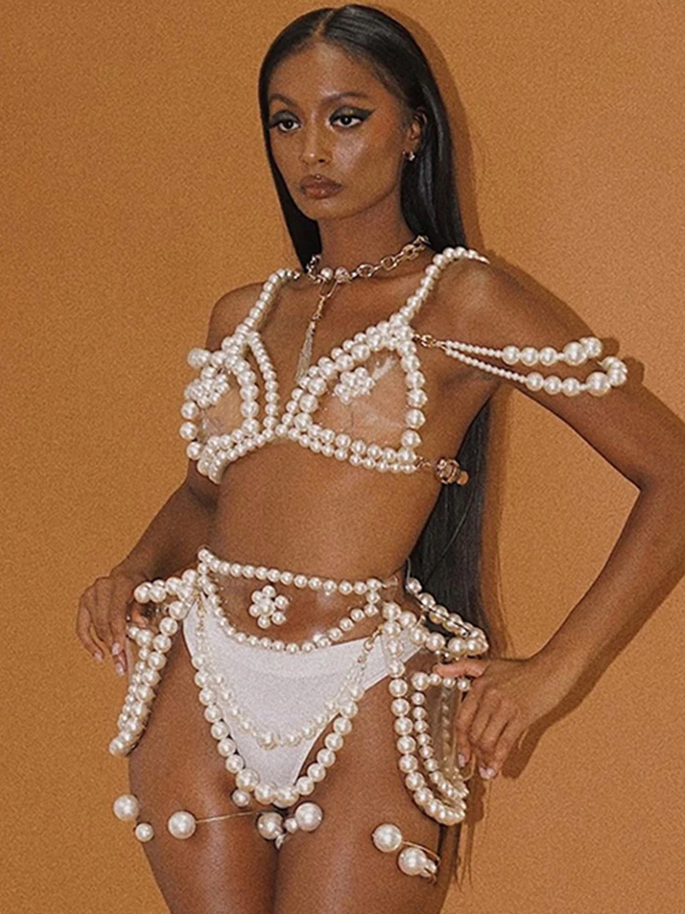 

Women Nightclub Pole Dance Performance Costume Bar Ds Gogo Stage Rave Outfit Party Dancer Clothes Sexy Pearl Bikini Suit