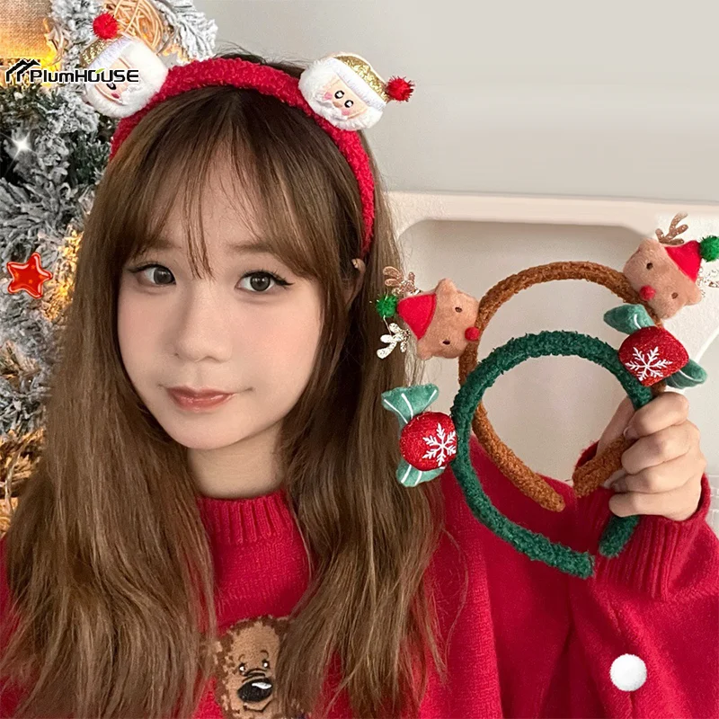 Kawaii Christmas Plush Headband Cute Cartoon Santa Claus Antler Snowman Hair Hoops Christmas Party Hair Accessories Xmas Gifts