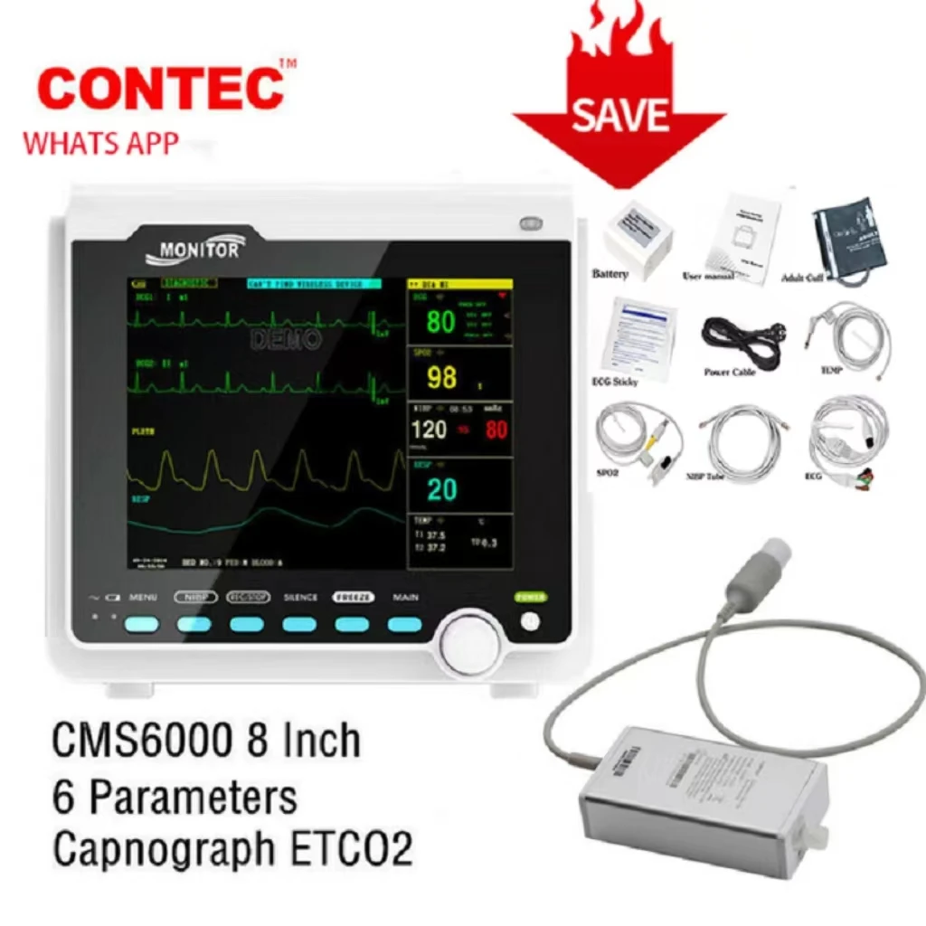 

CONTEC Portable Patient Monitor Human/Veterinary 8" Vital Sign Monitor ECG NIBP RESP SPO2 PR TEMP (Printer&Etco2 Option)