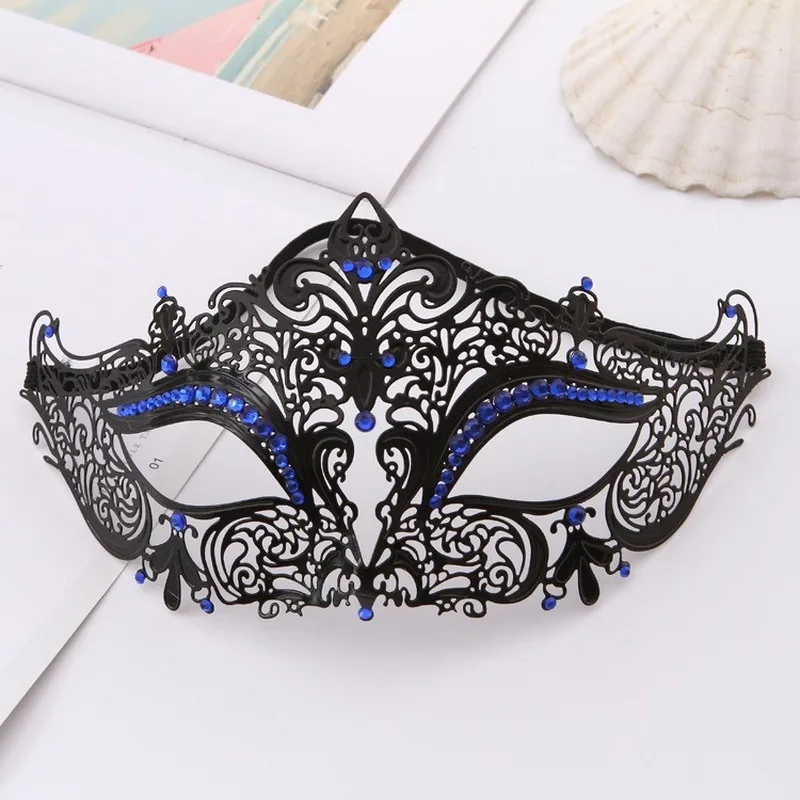 1 Pz Nero Pizzo Veneziano Maschera In Metallo Masquerade Mezza Faccia Trasparente Diamante Vestito Operato