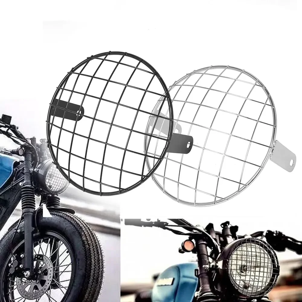 7'' Motorcycle Headlight Mesh Grill Metal Headlight Square Protector Guard Cover Black/ Chrome For Harley Honda Cafe Racer
