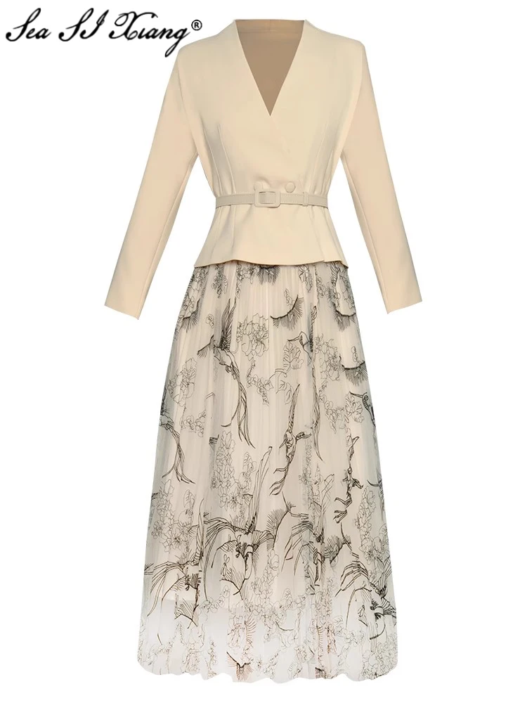 

Seasixiang Fashion Designer Autumn Suit Women V-Neck Long Sleeve Belt Coat + Mesh Embroidery Skirt Office Lady 2 Pieces Set