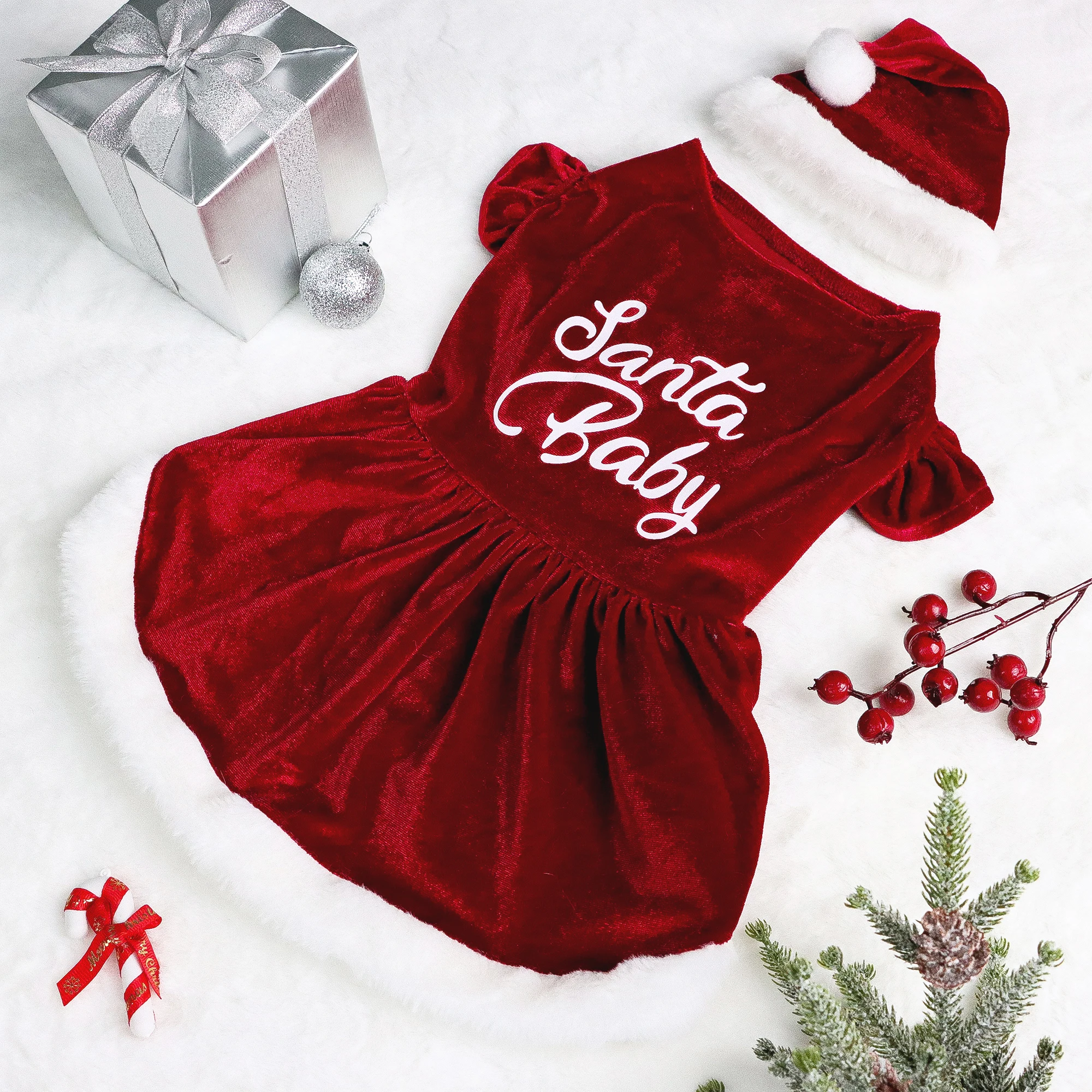 Set of 2 Christmas Puppy Dresses – Santa Baby Plush Outfits 1