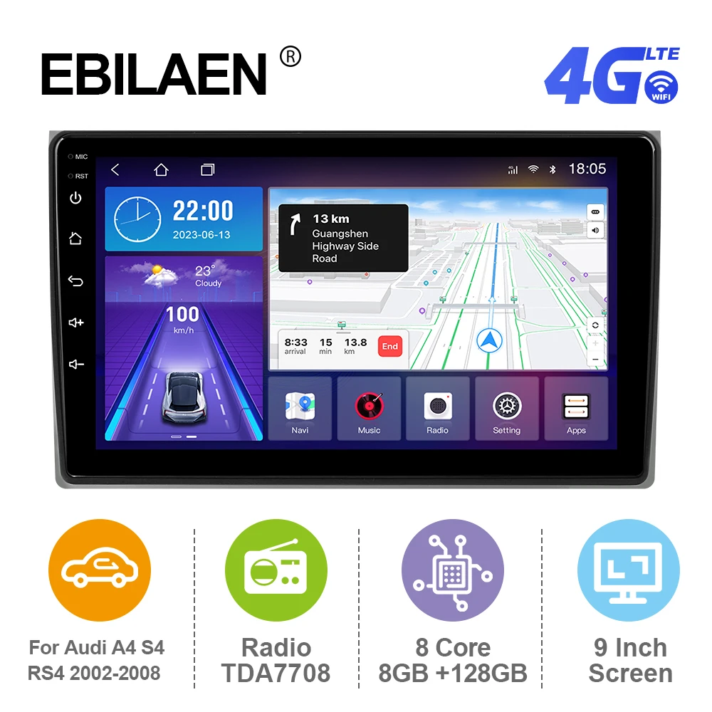 

EBILAEN Android 12 Car Radio For Audi A4 B6 S4 RS4 B6 B7 2002-2008 2din Carplay Mirrorlink Navigation GPS FM RDS 4G WIFI