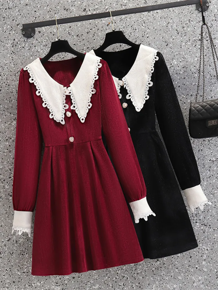 

Autumn Dresses For Women Sweet Elegant Fashion Korea High Quality Peter Pan Collar Lace Patchwork High Waist A-line Dress 4XL