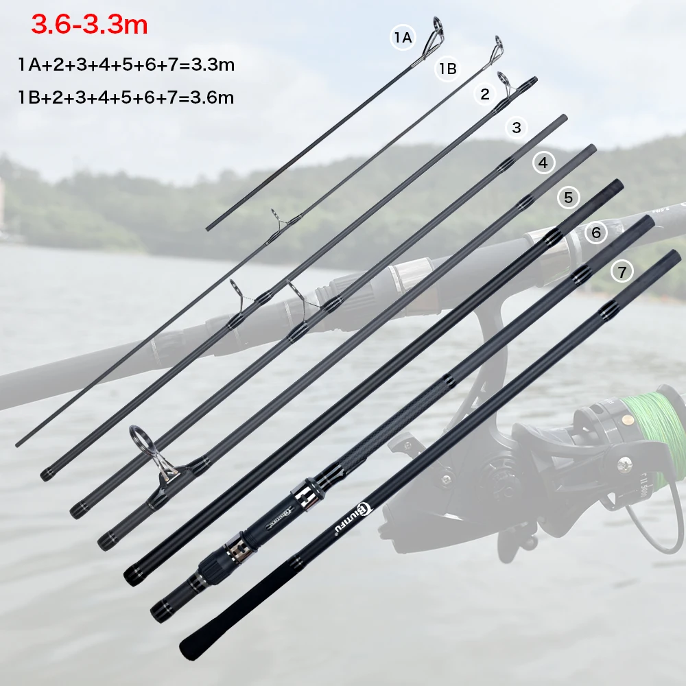 BIUTIFU 2 Tipps Karpfen Angelrute 3,5 lb 7 Abschnitte 4,2/3,6/3,0 m 30 t Carbon Faser Reise werfen 60-150 m Shore Casting Spinnrute – Detail 13