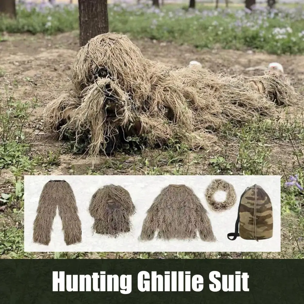 5Pcs/Set Ghillie Suit With Jacket Pants Hood Garland Carry Bag 3D Camouflage Hunting Apparel Adults Outdoor Woodland Clothes ghillie suit