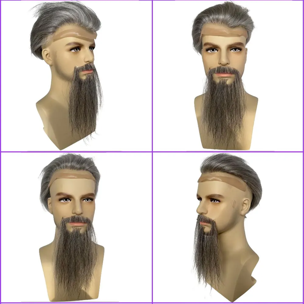 Long Fake Beard Human Hair Full Hand Tied Facial Hair Black Goatee False Beards Lace Invisible Mustache Mixed White Color