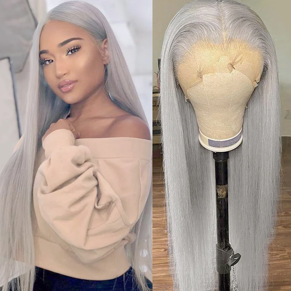 Silver Grey Lace Front Synthetic Hair Wigs Pre Plucked Lace Wig For Women Middle T Part Wig Glueless