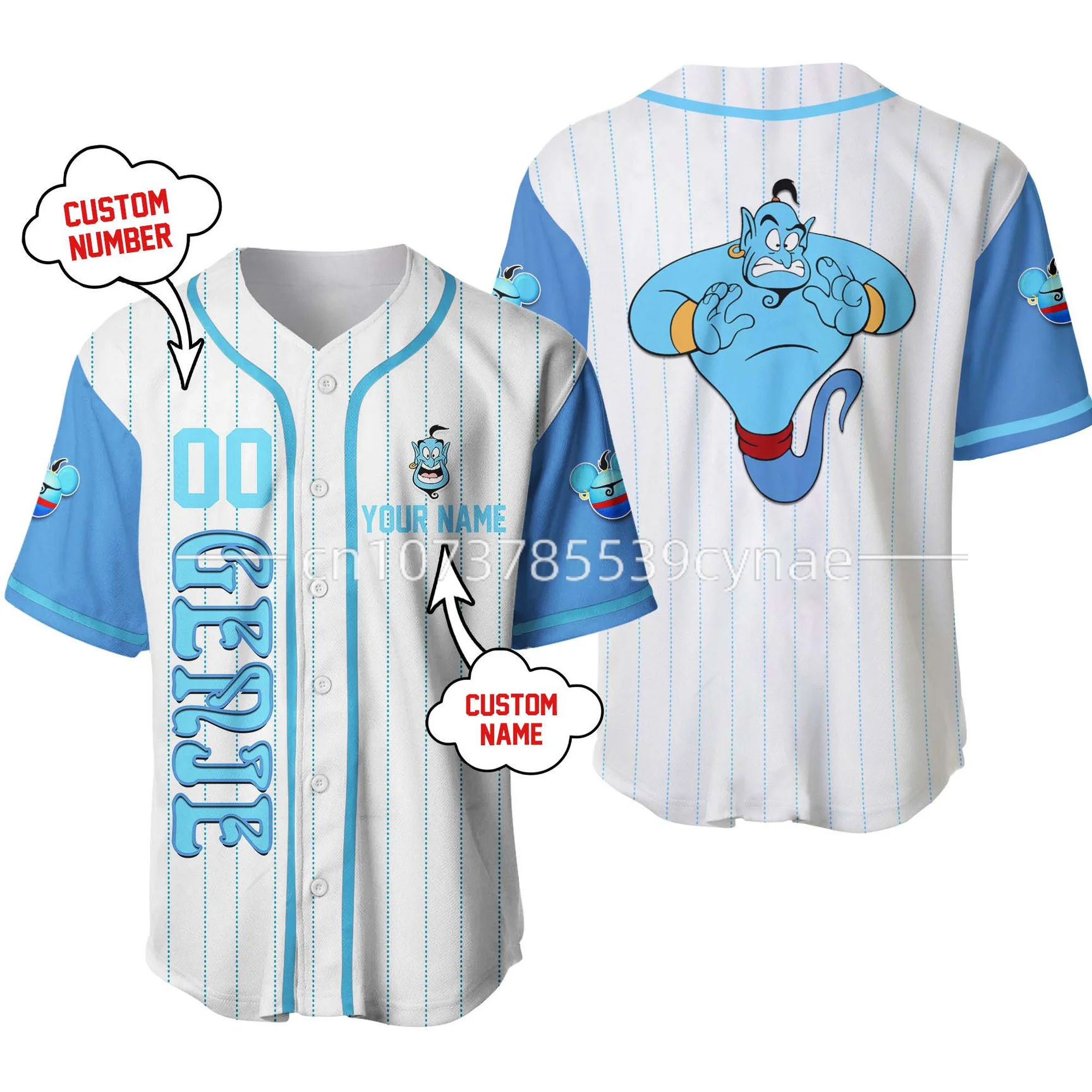 

2023 Genie Aladdin Blue Black Jersey Disney Custom Baseball Jersey 3D casual T-shirt men and women can wear Disney custom name