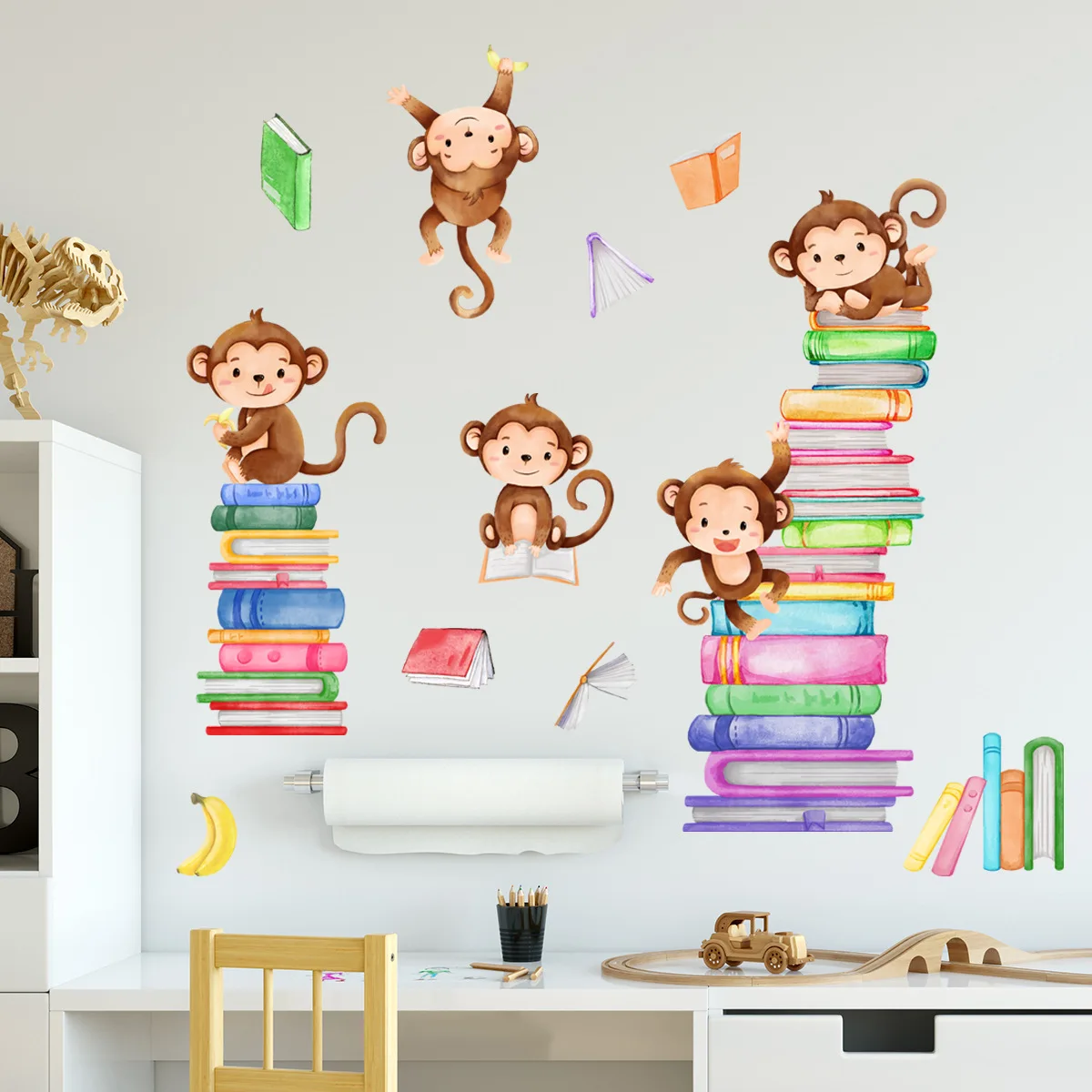 2pcs Cartoon Animal Monkey Book Wall Sticker Living Room Bedroom Living Room Bedroom Restaurant Decorative Mural Wall Sticker 2pcs desktop file book ends decorative book ends crafted book organizers for office