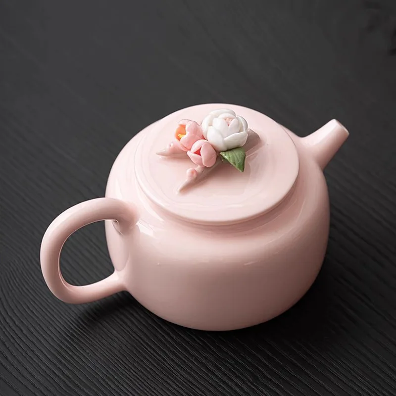 Pink mud Xishi teapot Kung Fu tea set Single household hand-pinched flower large ceramic girl tea single pot