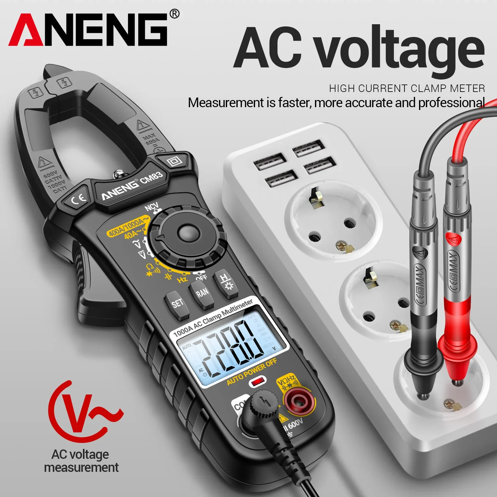 ANENG CM83 클램프 미터 1000A AC 전류 600V AC/DC 전압 4000 카운팅, NCV/정전용량/저항/주파수 측정 기능 포함
