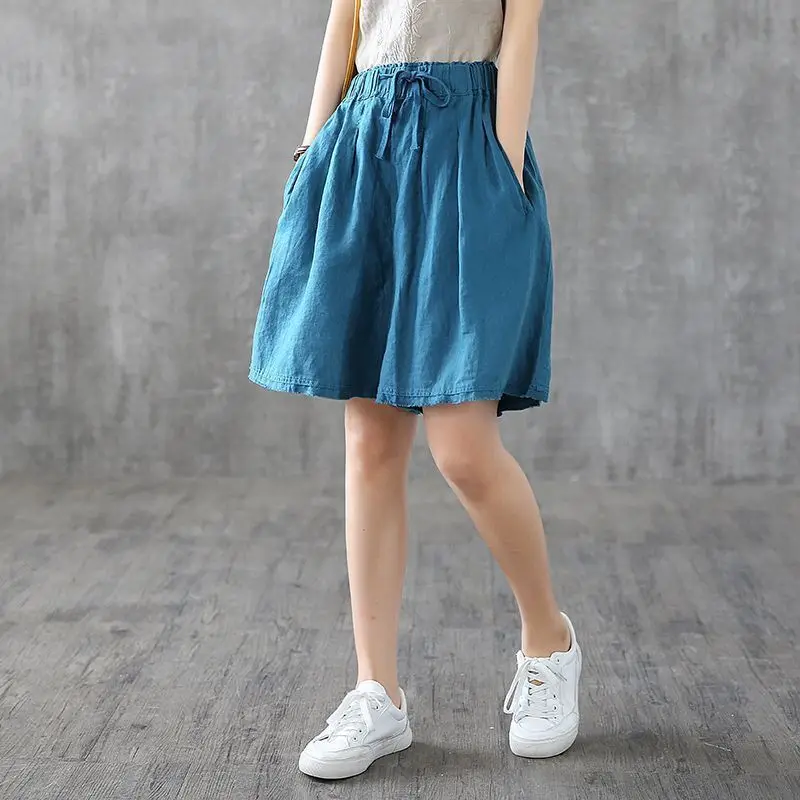 Retro 2024 Summer Women's New Spliced Elasticized High-waisted Drawstring Pocket Fashion Loose All-match Casual Wide Leg Shorts