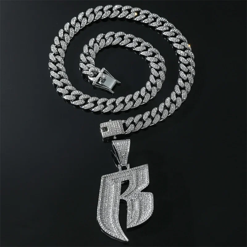 

Fashion Ruff Ryders Necklace With Crystal Letter R Pendant And 13mm Width Miami Cuban Chain Hip Hop bling Jewelry Dropshipping
