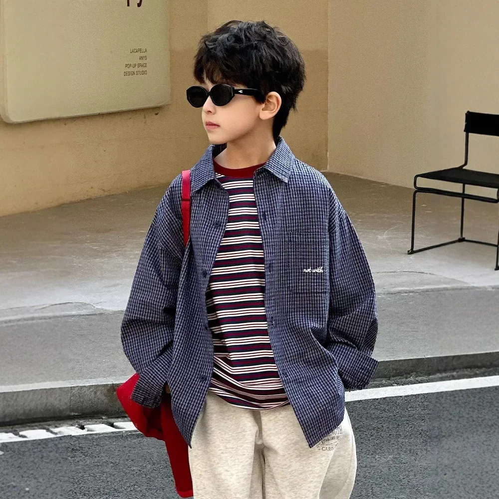 Boys Plaid Bubble Shirt Spring Retro Japanese Style Children's Clothing Large Quantity Cross-Border Male Children