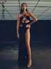 Cryptographic Fashion Black Halter Cut Out Hight Waist Split Long Dress Women Club Party Hot Sexy Backless Maxi Dresses Clothes 1