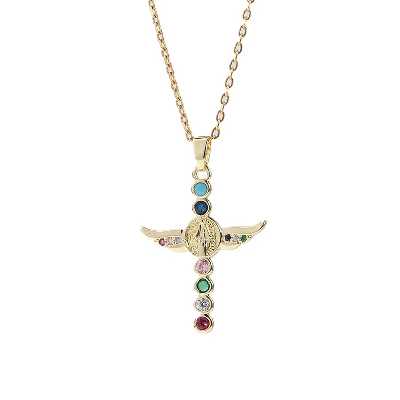 

Necklace Women's 18k Gold Plated Colorful Zircon Crystal Angel Wings Cross Popular Fashion Jewelry