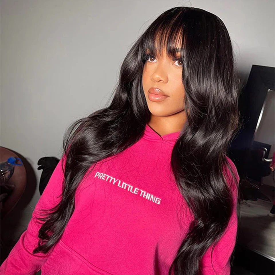 

Body Wave Wigs With Bangs Human Hair Glueless Wig Pre Plucked Cheap Hair Wigs On Sale Clearance Full Machine Made Wig With Bang