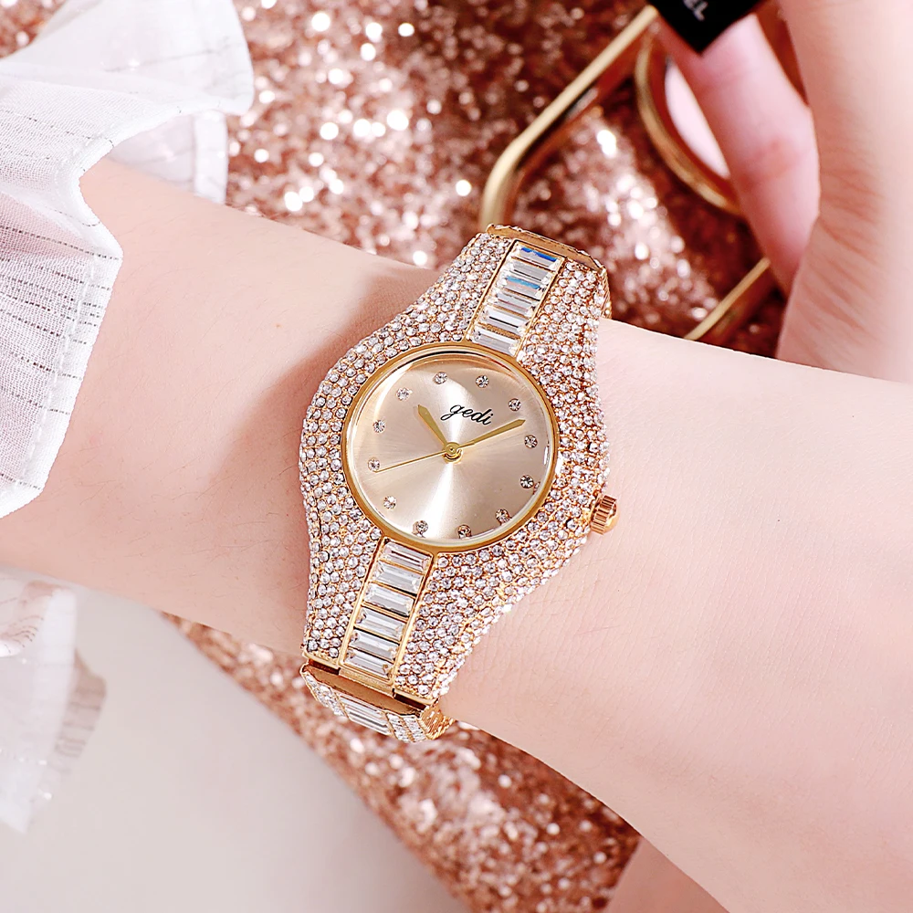 Luxury Elegant Stainless Steel Women Quartz Watches Bling Crystal Diamond 30M Water Resistance Rose Gold Ladies Wristwatch Clock