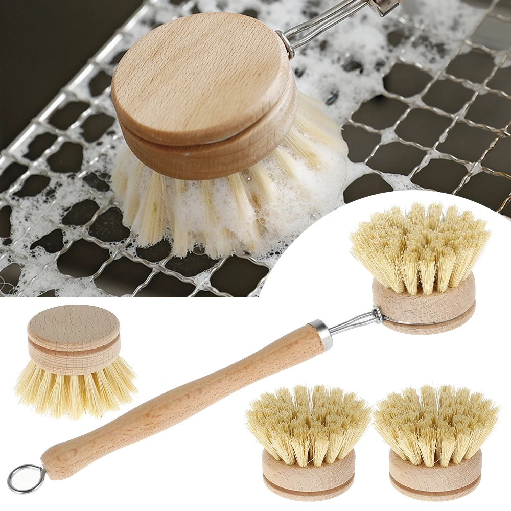 

Wooden Kitchen Dish Brush Set Long Handle Pan Brush with 4 Replacement Brush Heads Natural Dish Pot Brushing Tool Household